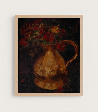 RED FLOWERS IN COPPER PITCHER - Museum Quality Art