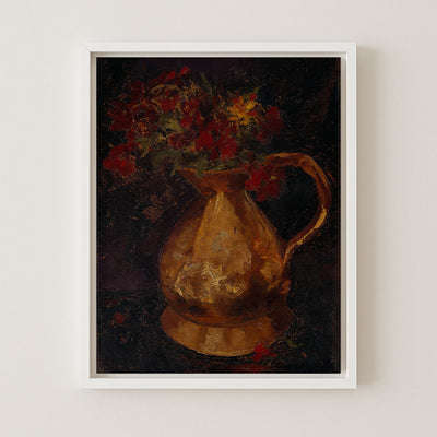 Red Flowers in Copper Pitcher