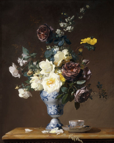 ROSES AND OTHER FLOWERS IN A BLUE AND WHITE VASE