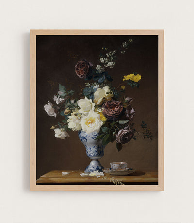 ROSES AND OTHER FLOWERS IN A BLUE AND WHITE VASE - Museum Quality Art