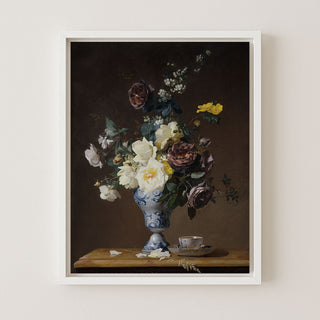 ROSES AND OTHER FLOWERS IN A BLUE AND WHITE VASE - Museum Quality Art