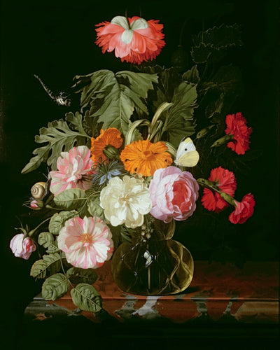 ROSES AND PEONIES IN A GLASS VASE