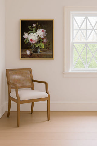 ROSES IN A GLASS VASE ON A LEDGE - Museum Quality Art