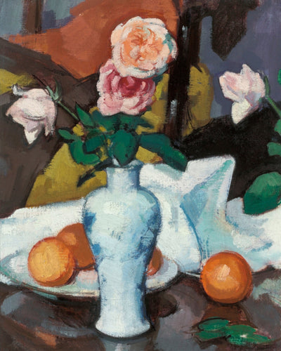 ROSES IN A VASE WITH ORANGES