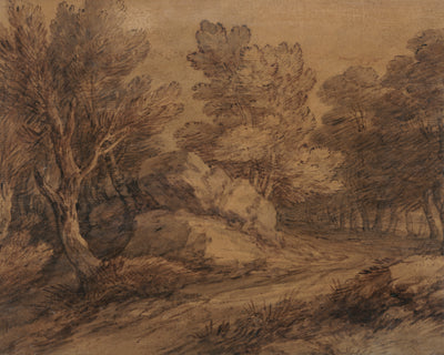 SCENE WITH A ROAD WINDING THROUGH A WOOD