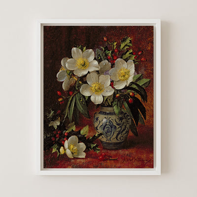 STILL LIFE OF CHRISTMAS ROSES AND HOLLY - Museum Quality Art