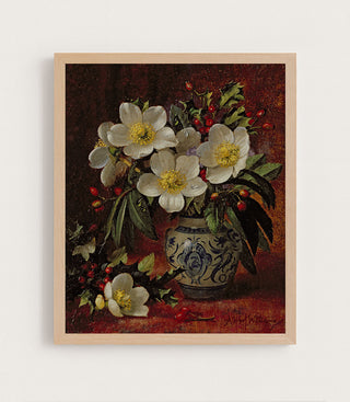 Still Life of Christmas Roses and Holly