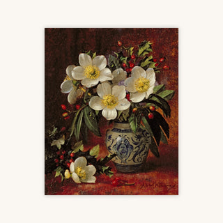 STILL LIFE OF CHRISTMAS ROSES AND HOLLY — Primary Image