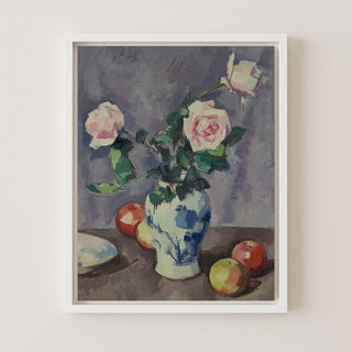 STILL LIFE OF ROSES IN A BLUE AND WHITE VASE - Museum Quality Art