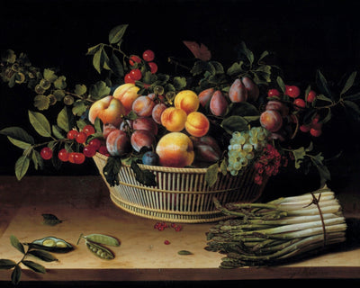STILL LIFE WITH A BASKET OF FRUIT AND A BUNCH OF ASPARAGUS