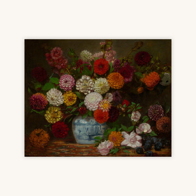 STILL LIFE WITH DAHLIAS, ZINNIAS, HOLLYHOCKS, AND PLUMS — Primary Image