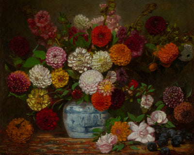 STILL LIFE WITH DAHLIAS, ZINNIAS, HOLLYHOCKS, AND PLUMS