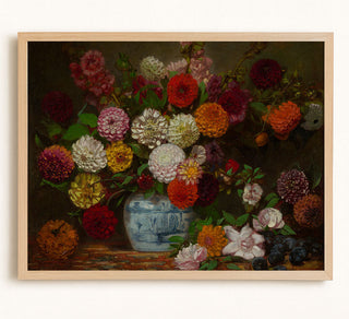 Still Life With Dahlias, Zinnias, Hollyhocks, and Plums
