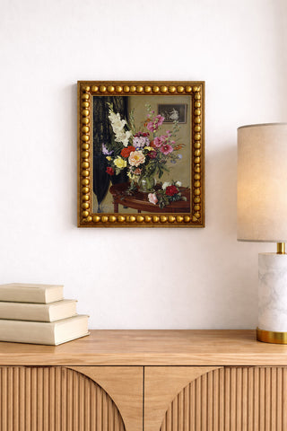 Still Life with Gladioli, Roses and Hollyhocks before an Embroidered Curtain