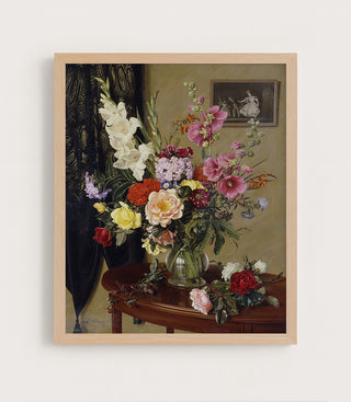Still Life with Gladioli, Roses and Hollyhocks before an Embroidered Curtain