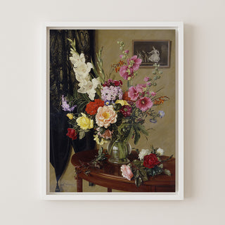 Still Life with Gladioli, Roses and Hollyhocks before an Embroidered Curtain