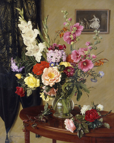STILL LIFE WITH GLADIOLI, ROSES AND HOLLYHOCKS BEFORE AN EMBROIDERED CURTAIN - Museum Quality Art