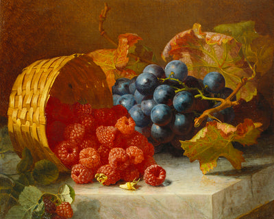 STILL LIFE WITH RASPBERRIES AND A BUNCH OF GRAPES ON A MARBLE LEDGE