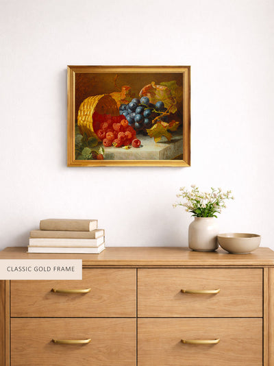Still Life With Raspberries and a Bunch of Grapes on a Marble Ledge