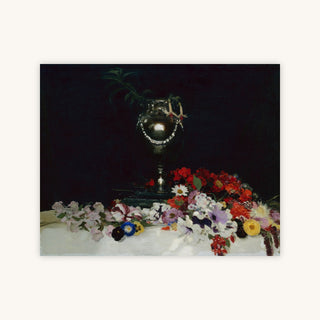 URN AND FLOWERS ON A TABLE — Primary Image