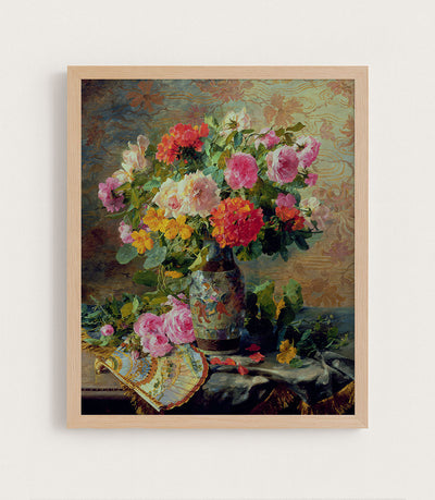 VASE OF FLOWERS AND A FAN - Museum Quality Art