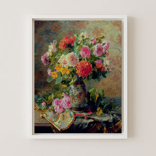 VASE OF FLOWERS AND A FAN - Museum Quality Art