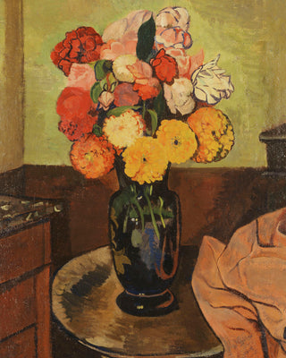VASE OF FLOWERS ON A ROUND TABLE - Museum Quality Art