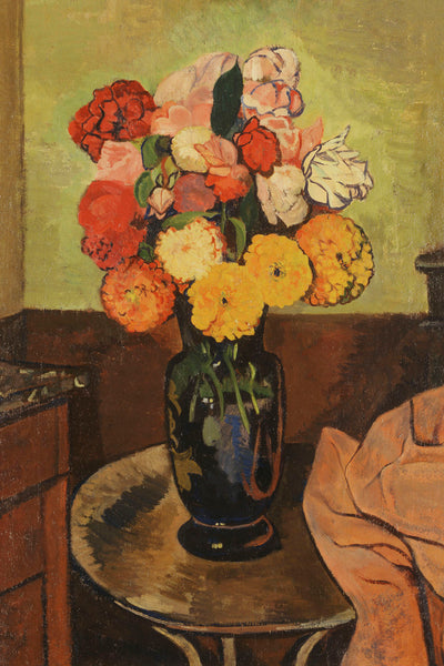 VASE OF FLOWERS ON A ROUND TABLE - Museum Quality Art