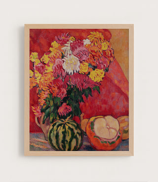 Vase of Geraniums with Melons