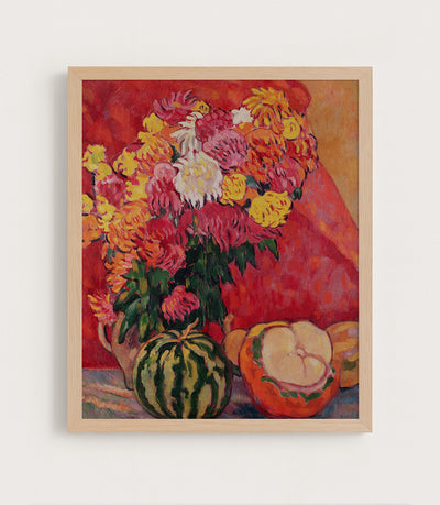 Vase of Geraniums with Melons