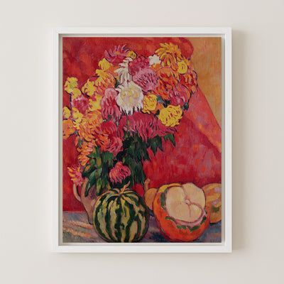 Vase of Geraniums with Melons