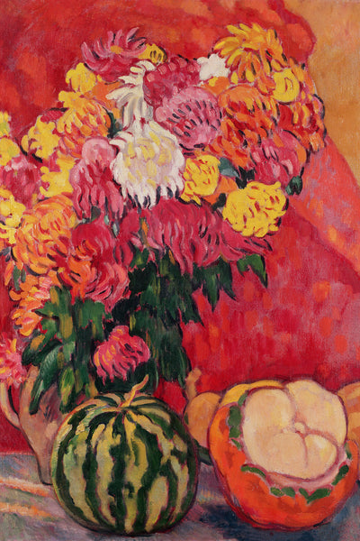 VASE OF GERANIUMS WITH MELONS - Museum Quality Art