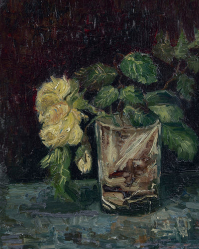 GLASS WITH YELLOW ROSES