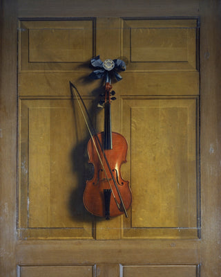 VIOLIN AND BOW HANGING ON A DOOR