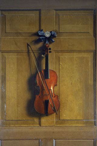 VIOLIN AND BOW HANGING ON A DOOR