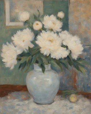 WHITE FLOWERS IN BLUE VASE