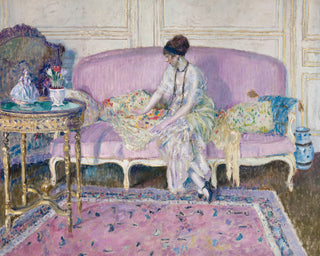 WOMAN SEATED ON SOFA IN INTERIOR - Museum Quality Art