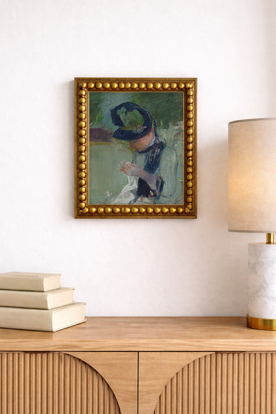 Woman Wearing a Black and Green Hat, Sewing