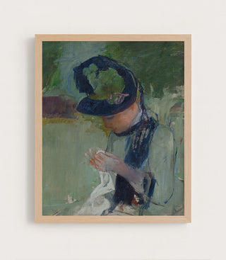 Woman Wearing a Black and Green Hat, Sewing