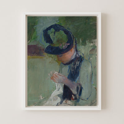 Woman Wearing a Black and Green Hat, Sewing