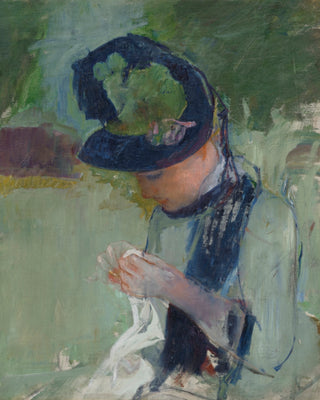 Woman Wearing a Black and Green Hat, Sewing