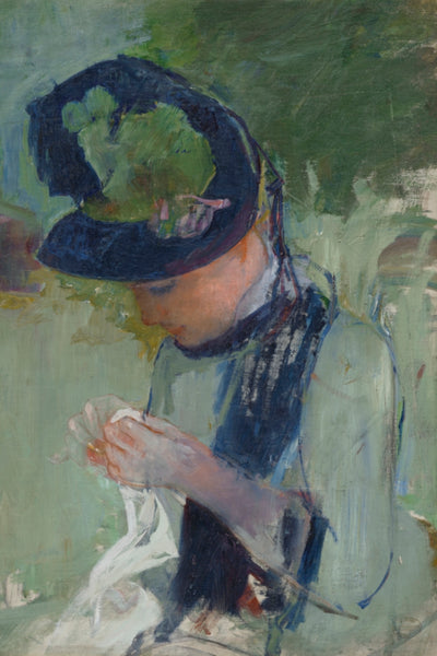 Woman Wearing a Black and Green Hat, Sewing