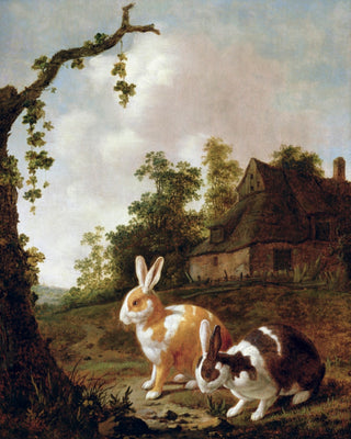 WOODED LANDSCAPE WITH TWO HARES