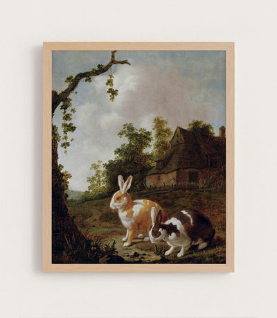 WOODED LANDSCAPE WITH TWO HARES - Museum Quality Art