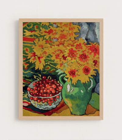 Yellow Flowers and a Bowl of Cherries