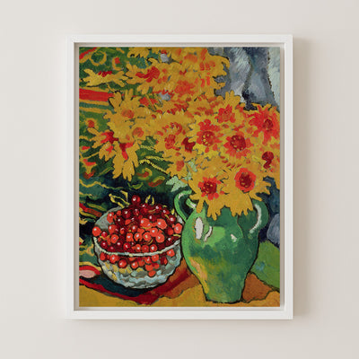 Yellow Flowers and a Bowl of Cherries