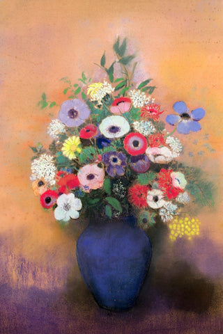 ANEMONES AND LILAC IN A BLUE VASE