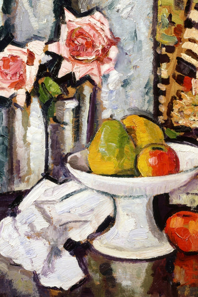 BOWL OF FRUIT AND PINK ROSES