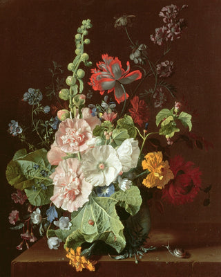HOLLYHOCKS AND OTHER FLOWERS IN A VASE
