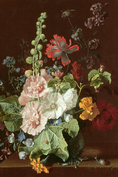 HOLLYHOCKS AND OTHER FLOWERS IN A VASE